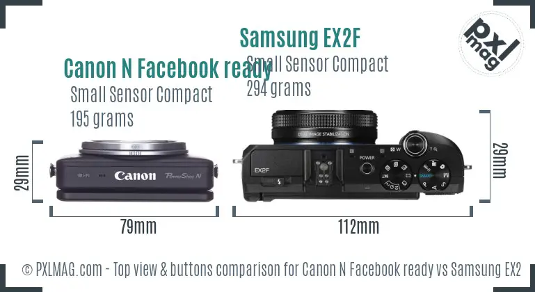 Canon N Facebook ready vs Samsung EX2F top view buttons comparison