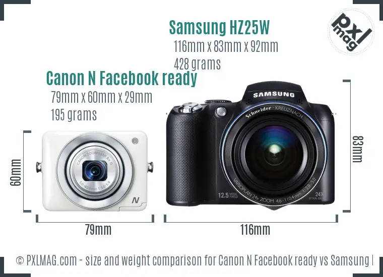 Canon N Facebook ready vs Samsung HZ25W size comparison