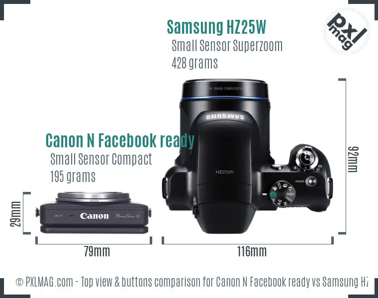 Canon N Facebook ready vs Samsung HZ25W top view buttons comparison