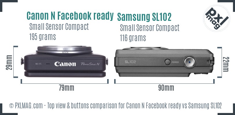 Canon N Facebook ready vs Samsung SL102 top view buttons comparison