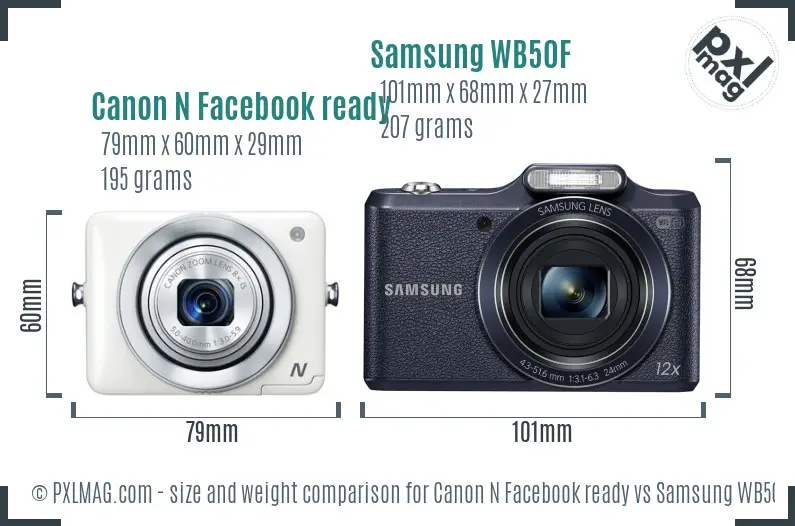 Canon N Facebook ready vs Samsung WB50F size comparison
