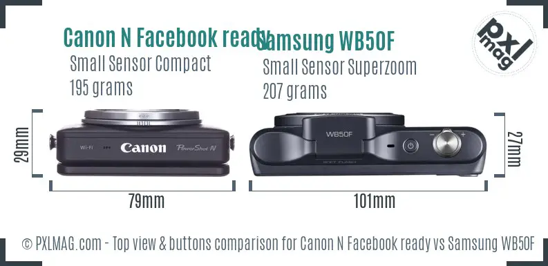 Canon N Facebook ready vs Samsung WB50F top view buttons comparison