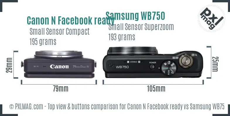Canon N Facebook ready vs Samsung WB750 top view buttons comparison Canon N Facebook ready vs Samsung WB750 top view buttons comparison