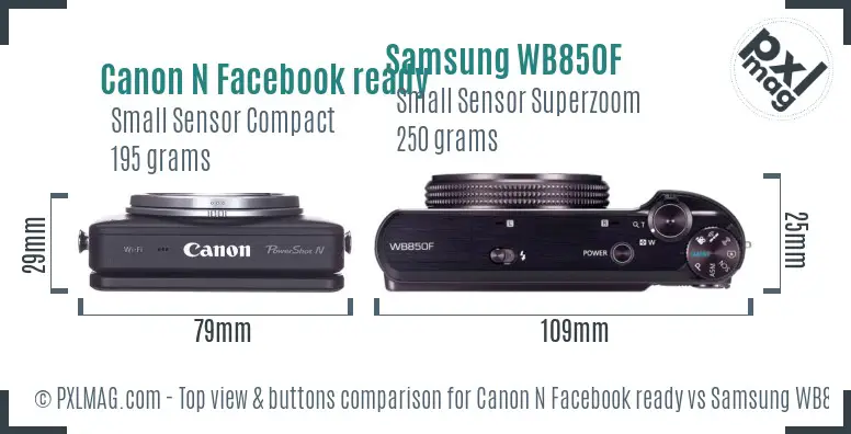 Canon N Facebook ready vs Samsung WB850F top view buttons comparison