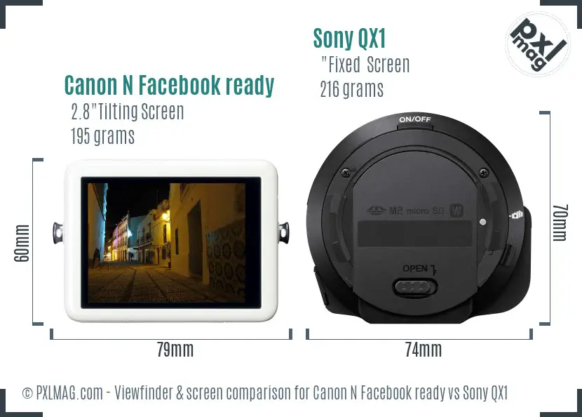 Canon N Facebook ready vs Sony QX1 Screen and Viewfinder comparison
