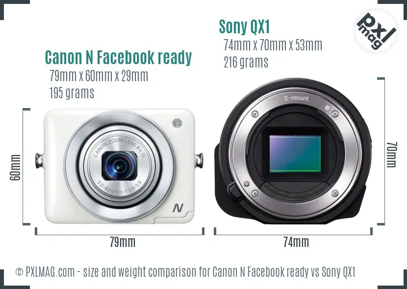 Canon N Facebook ready vs Sony QX1 size comparison