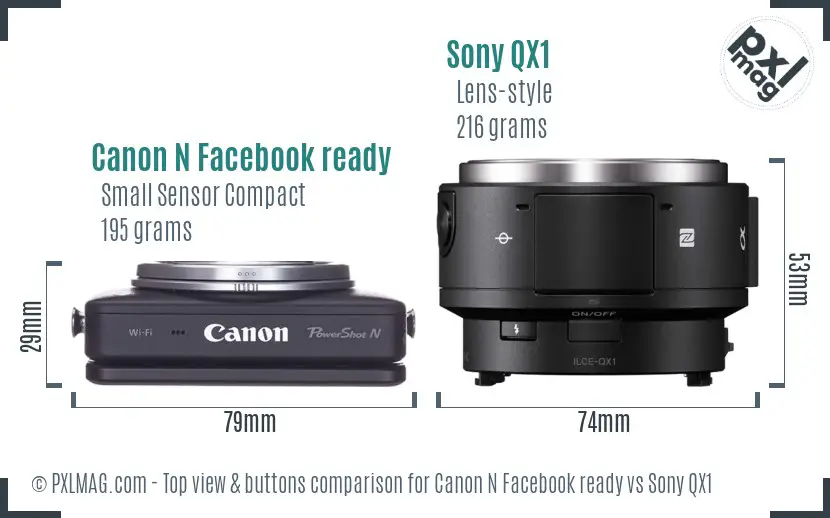 Canon N Facebook ready vs Sony QX1 top view buttons comparison