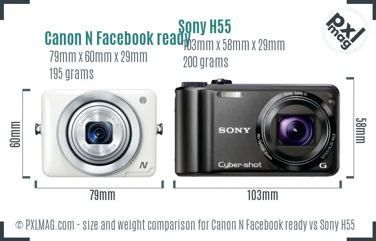Canon N Facebook ready vs Sony H55 size comparison