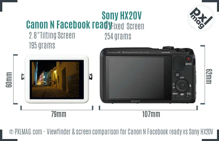 Canon N Facebook ready vs Sony HX20V Screen and Viewfinder comparison
