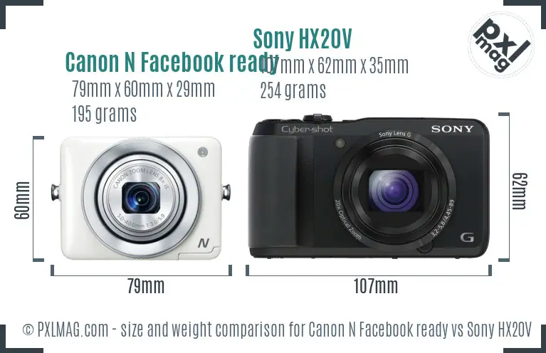 Canon N Facebook ready vs Sony HX20V size comparison