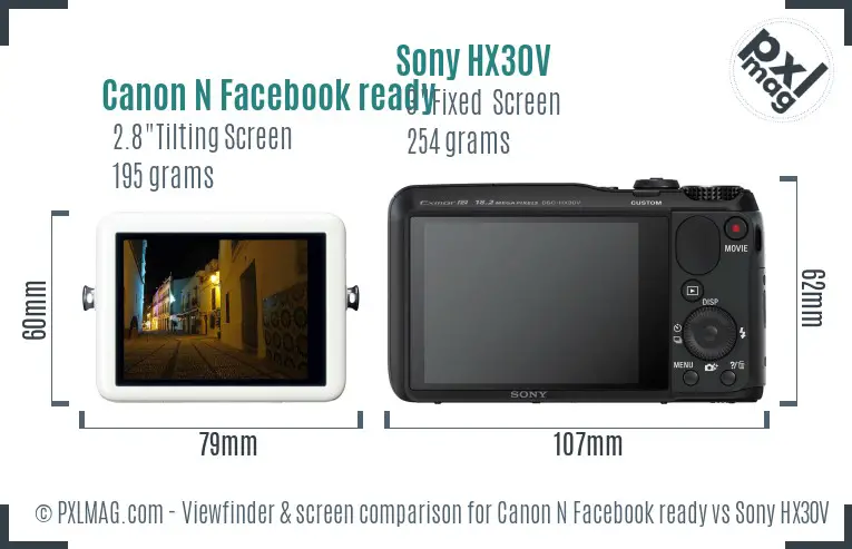 Canon N Facebook ready vs Sony HX30V Screen and Viewfinder comparison