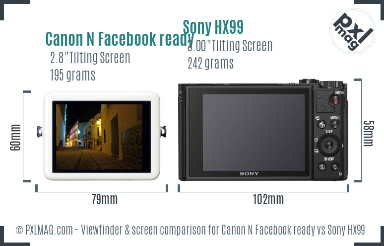 Canon N Facebook ready vs Sony HX99 Screen and Viewfinder comparison