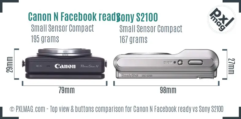 Canon N Facebook ready vs Sony S2100 top view buttons comparison Canon N Facebook ready vs Sony S2100 top view buttons comparison