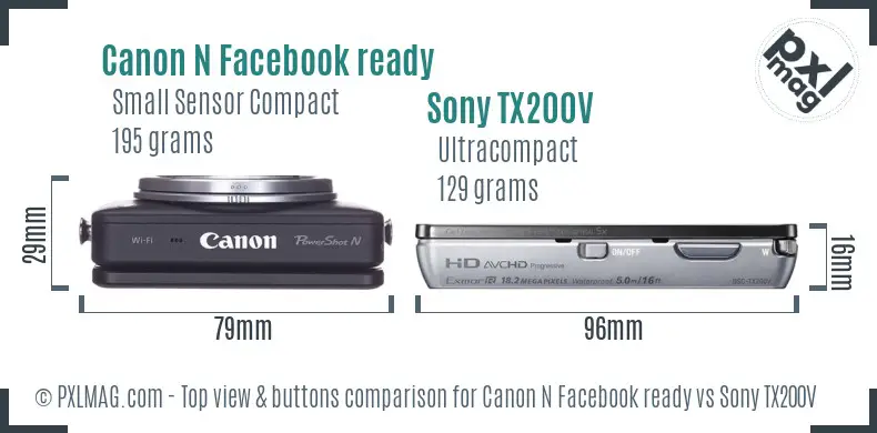 Canon N Facebook ready vs Sony TX200V top view buttons comparison