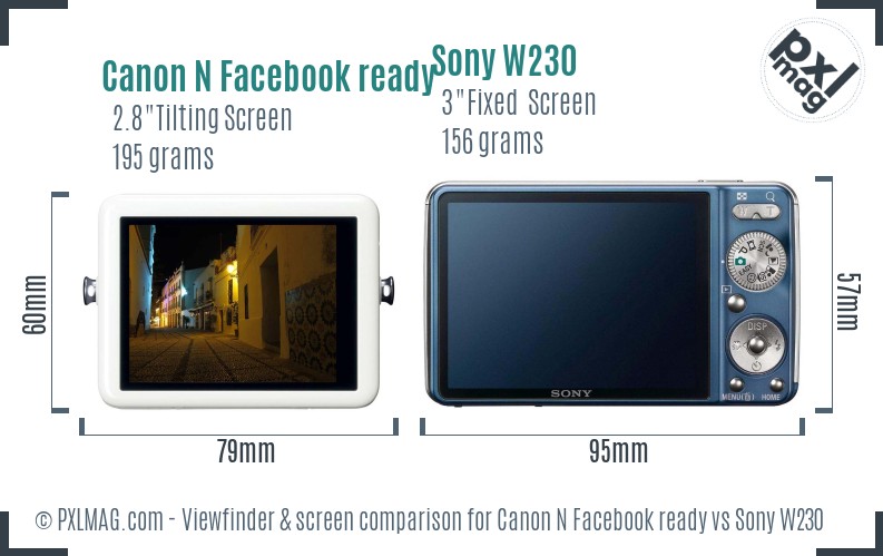 Canon N Facebook ready vs Sony W230 Screen and Viewfinder comparison