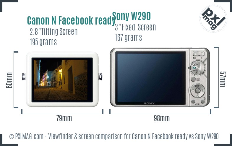Canon N Facebook ready vs Sony W290 Screen and Viewfinder comparison