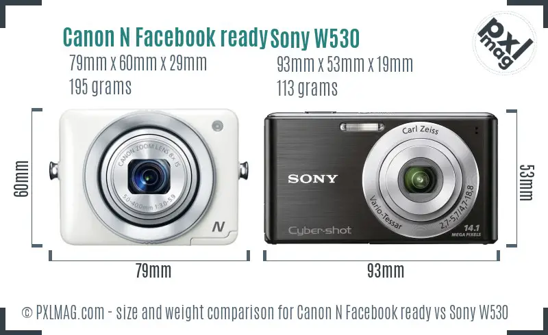Canon N Facebook ready vs Sony W530 size comparison