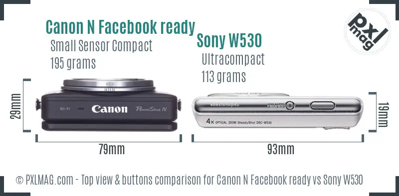 Canon N Facebook ready vs Sony W530 top view buttons comparison