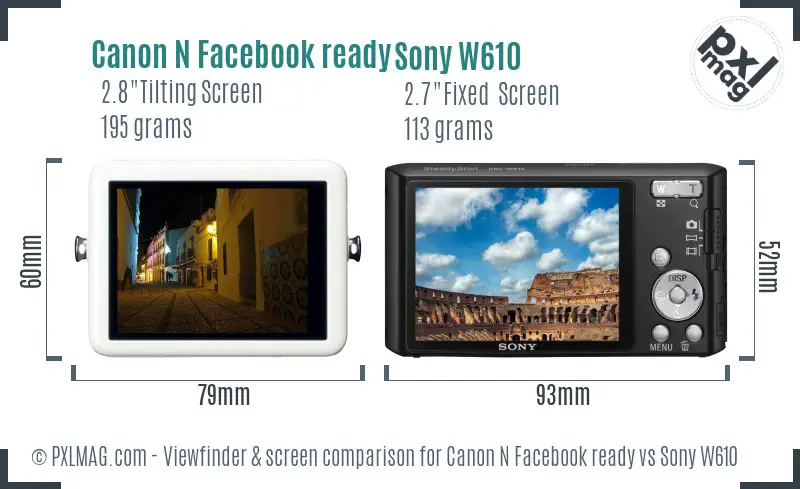 Canon N Facebook ready vs Sony W610 Screen and Viewfinder comparison