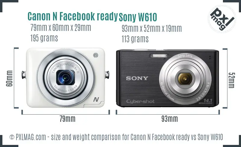 Canon N Facebook ready vs Sony W610 size comparison