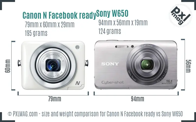 Canon N Facebook ready vs Sony W650 size comparison