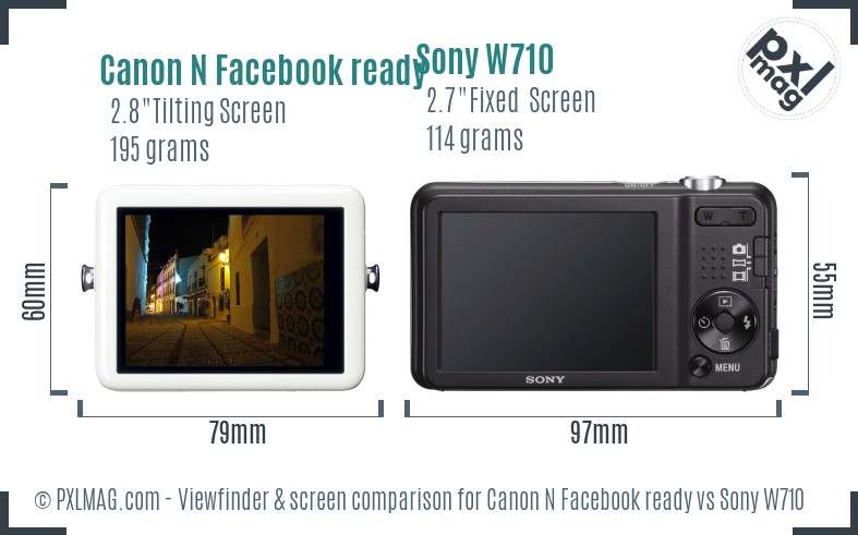 Canon N Facebook ready vs Sony W710 Screen and Viewfinder comparison