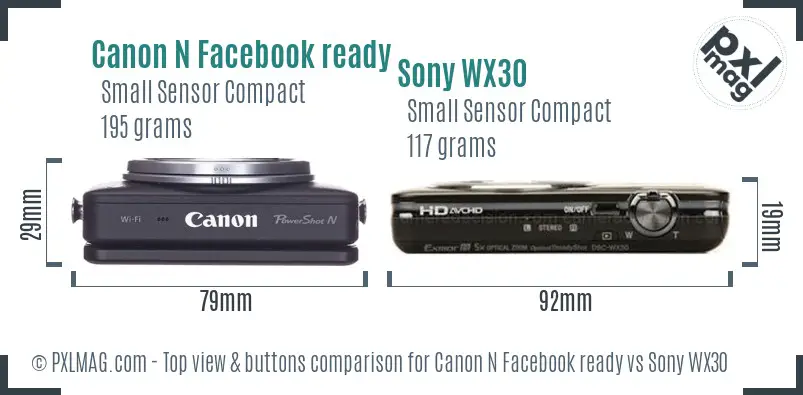 Canon N Facebook ready vs Sony WX30 top view buttons comparison