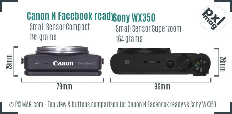 Canon N Facebook ready vs Sony WX350 top view buttons comparison Canon N Facebook ready vs Sony WX350 top view buttons comparison