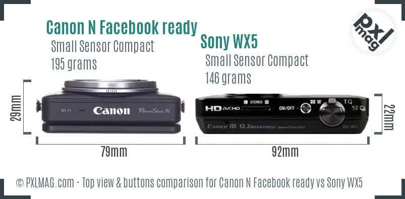 Canon N Facebook ready vs Sony WX5 top view buttons comparison