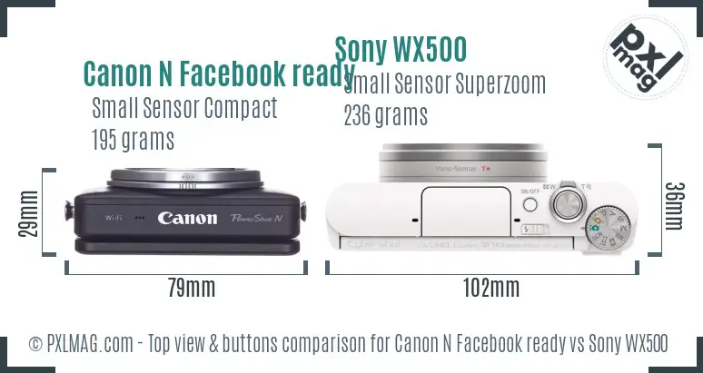 Canon N Facebook ready vs Sony WX500 top view buttons comparison Canon N Facebook ready vs Sony WX500 top view buttons comparison