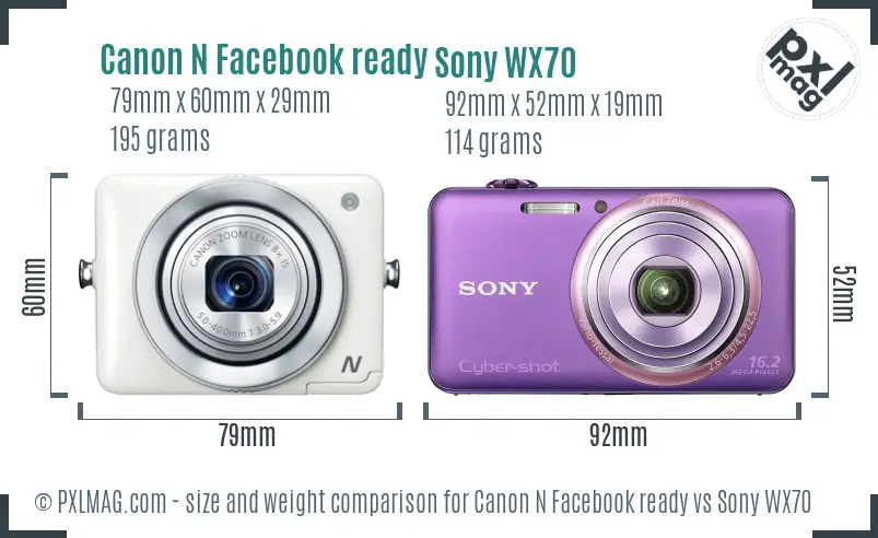 Canon N Facebook ready vs Sony WX70 size comparison