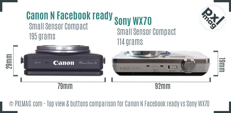 Canon N Facebook ready vs Sony WX70 top view buttons comparison