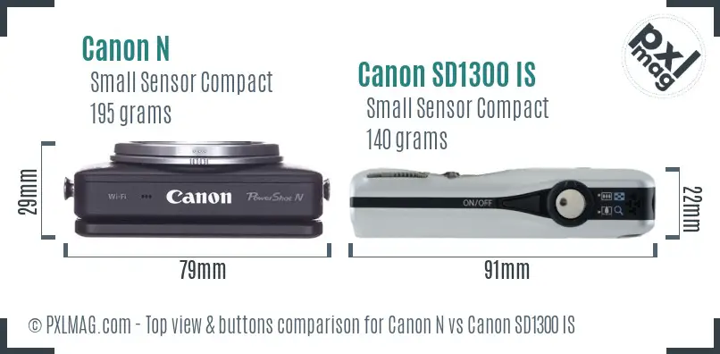 Canon N vs Canon SD1300 IS top view buttons comparison