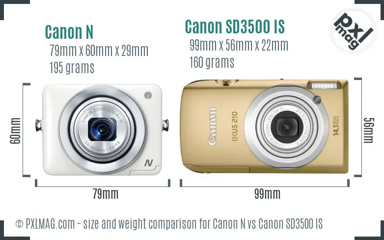 Canon N vs Canon SD3500 IS size comparison