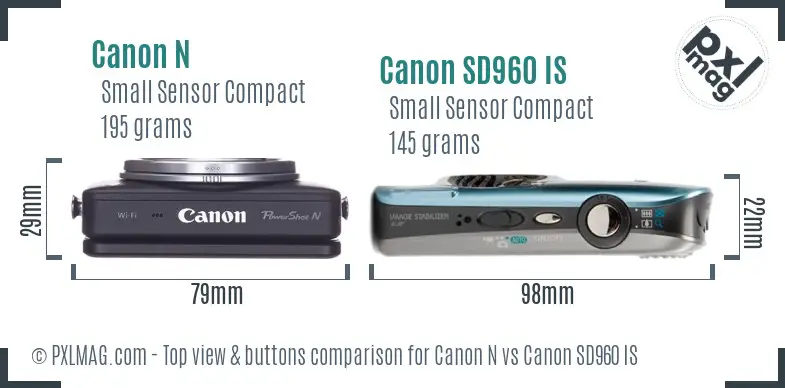 Canon N vs Canon SD960 IS top view buttons comparison