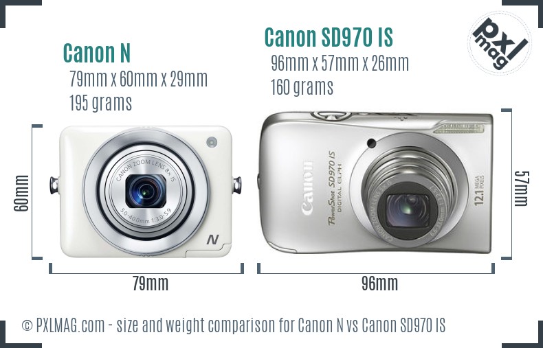 Canon N vs Canon SD970 IS size comparison