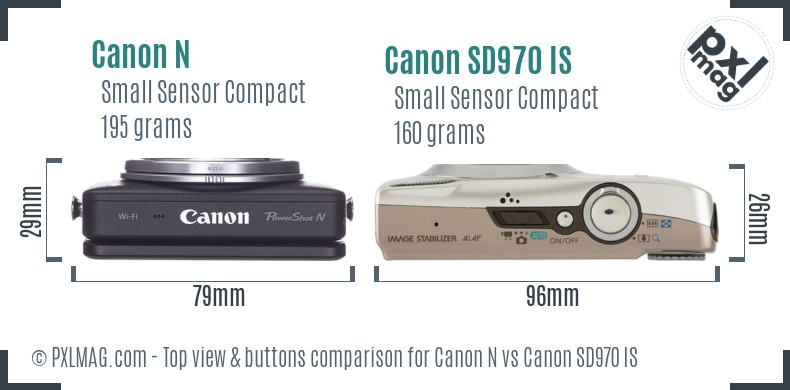 Canon N vs Canon SD970 IS top view buttons comparison