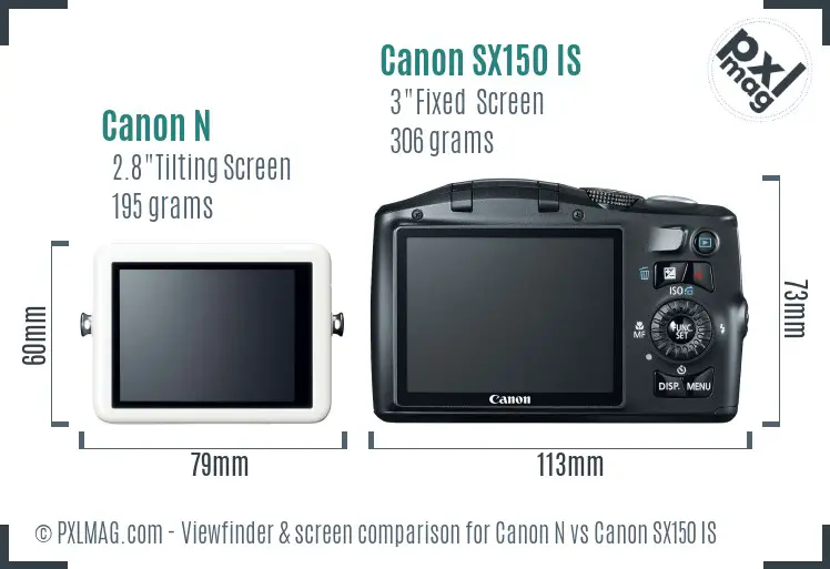 Canon N vs Canon SX150 IS Screen and Viewfinder comparison