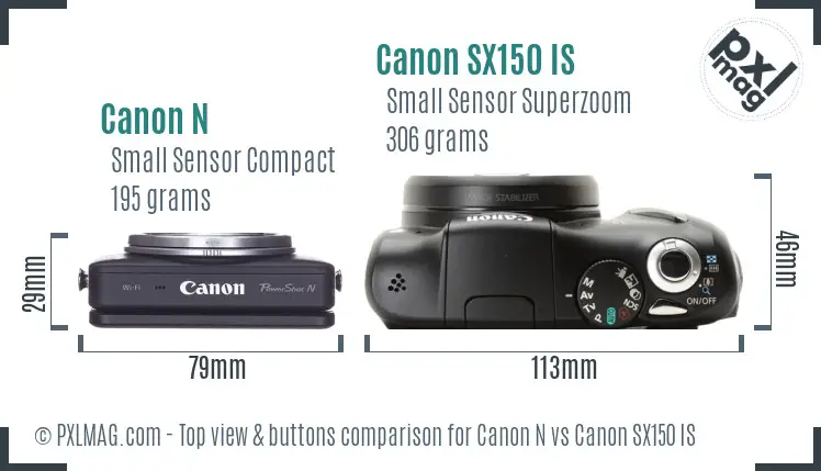 Canon N vs Canon SX150 IS top view buttons comparison
