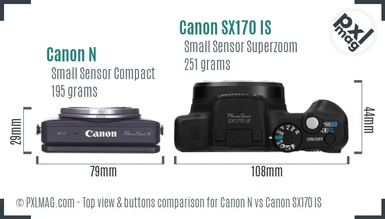 Canon N vs Canon SX170 IS top view buttons comparison