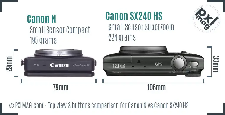 Canon N vs Canon SX240 HS top view buttons comparison