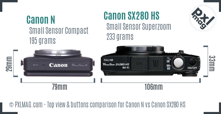 Canon N vs Canon SX280 HS top view buttons comparison