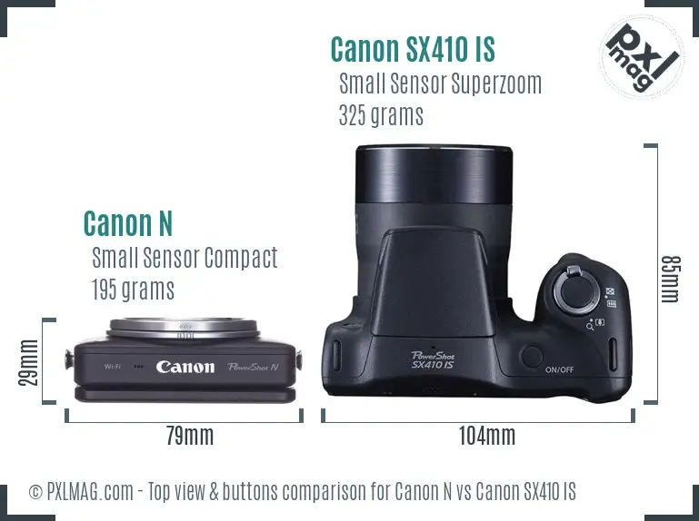 Canon N vs Canon SX410 IS top view buttons comparison