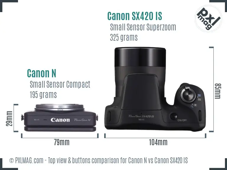 Canon N vs Canon SX420 IS top view buttons comparison