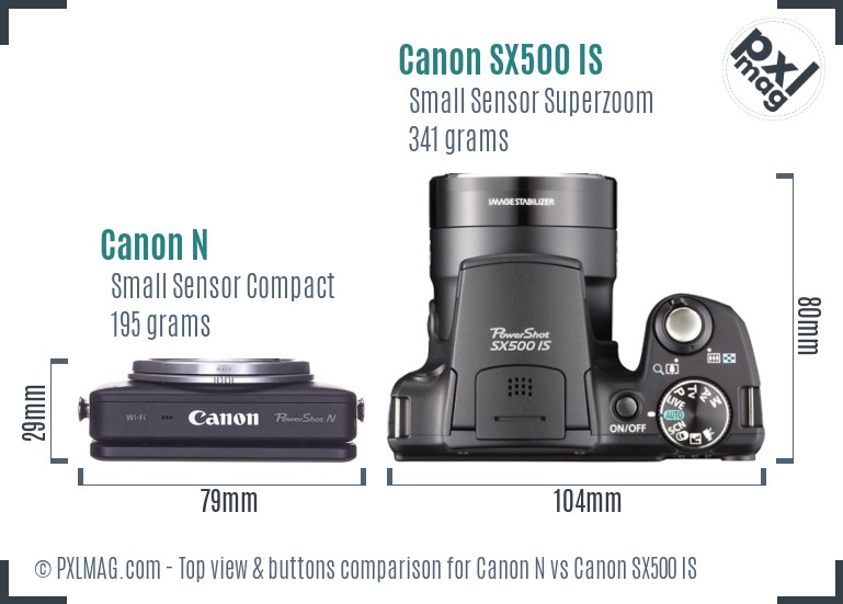 Canon N vs Canon SX500 IS top view buttons comparison
