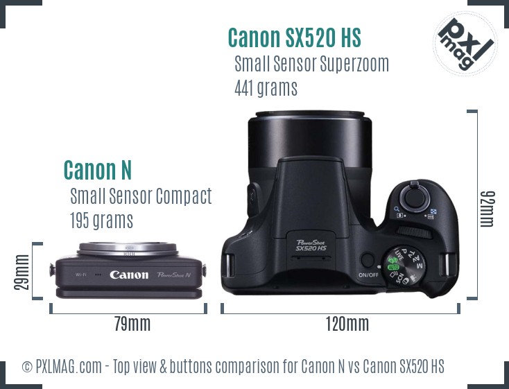 Canon N vs Canon SX520 HS top view buttons comparison