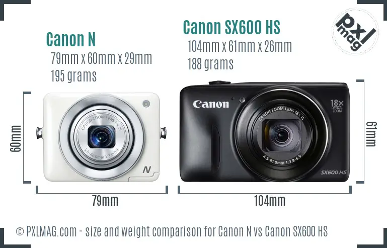 Canon N vs Canon SX600 HS size comparison