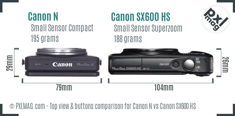 Canon N vs Canon SX600 HS top view buttons comparison