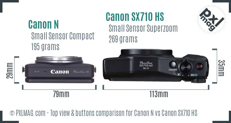 Canon N vs Canon SX710 HS top view buttons comparison