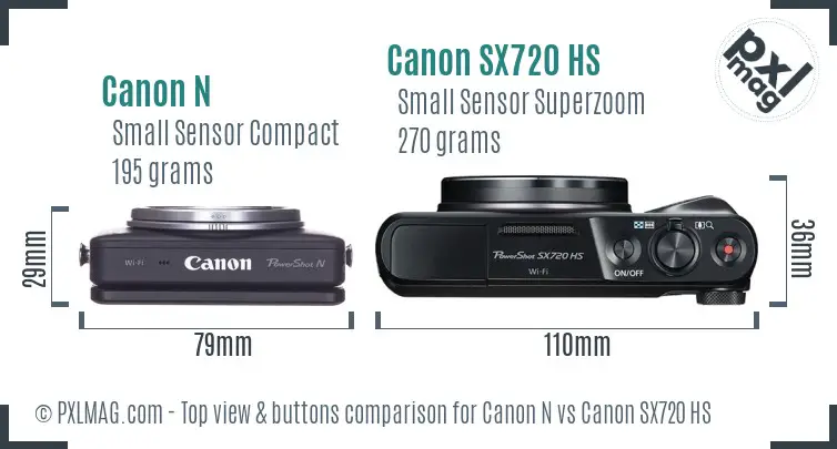 Canon N vs Canon SX720 HS top view buttons comparison